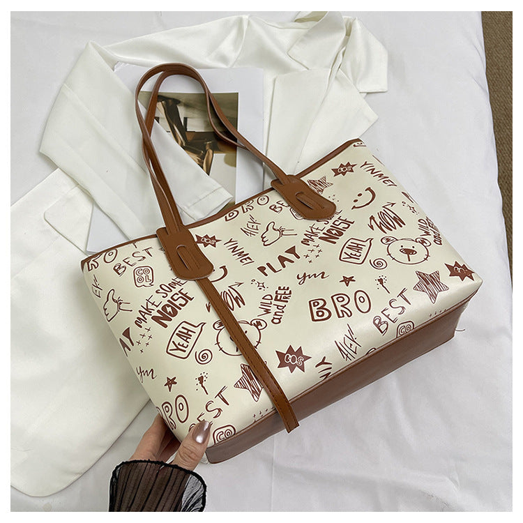 Contrast Color Big Female Cute Cartoon Printed Easy Matching Large Bags