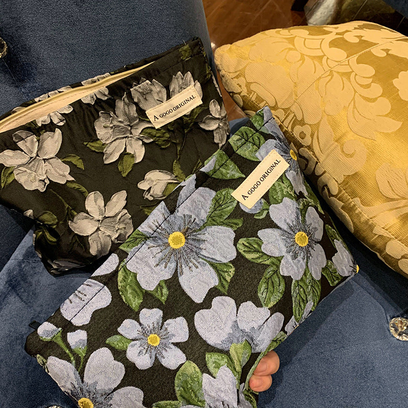 Niche Large Flower Liner Jacquard Cotton Portable Capacity Cosmetic Bags