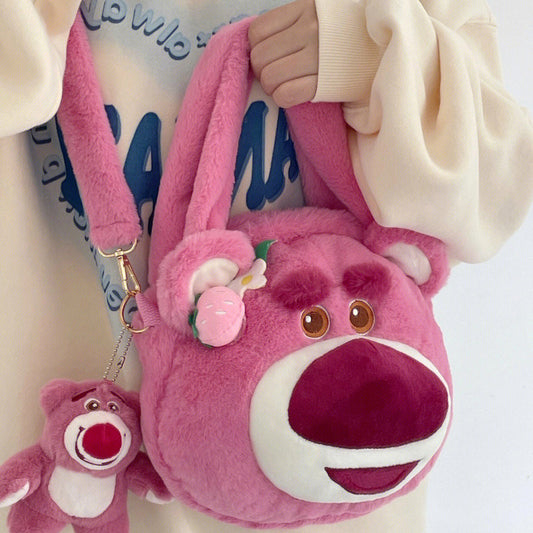 Women's Cute Strawberry Victory Bear Fashion Plush Crossbody Bags