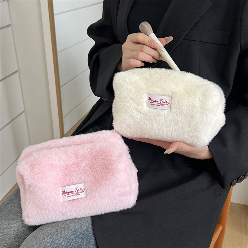 Plush Sweet Solid Color Large Capacity Makeup Bag
