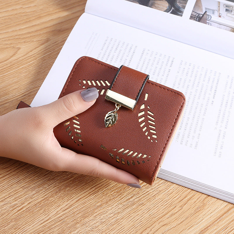 Women's Korean Style Short Zipper Hasp Hollow Leaves Ladies Wallet