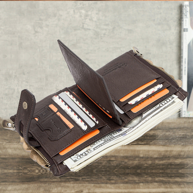 Men's Double Zipper Cowhide Retro Crazy Horse Buckle