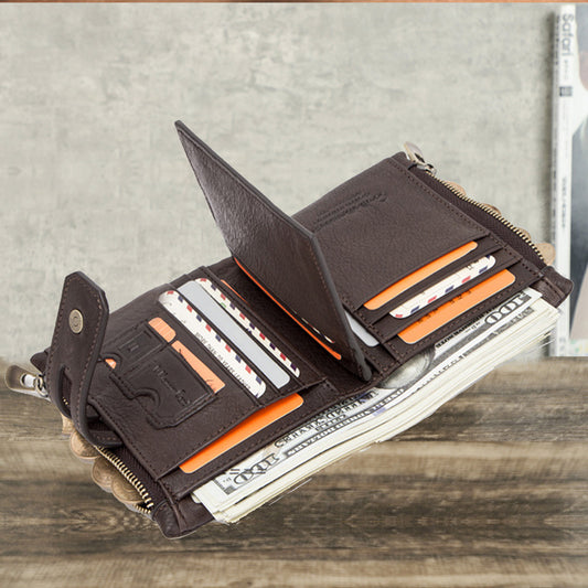 Men's Double Zipper Cowhide Retro Crazy Horse Buckle