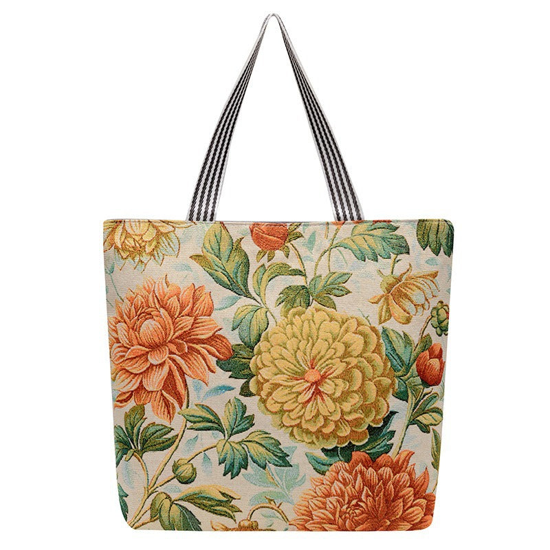 Women's Large Capacity Totes Gold Silk Embroidered Canvas Creative Women's Shoulder Bag