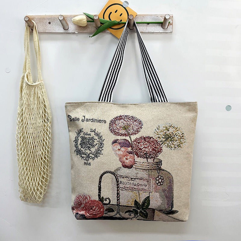 Women's Large Capacity Totes Gold Silk Embroidered Canvas Creative Women's Shoulder Bag