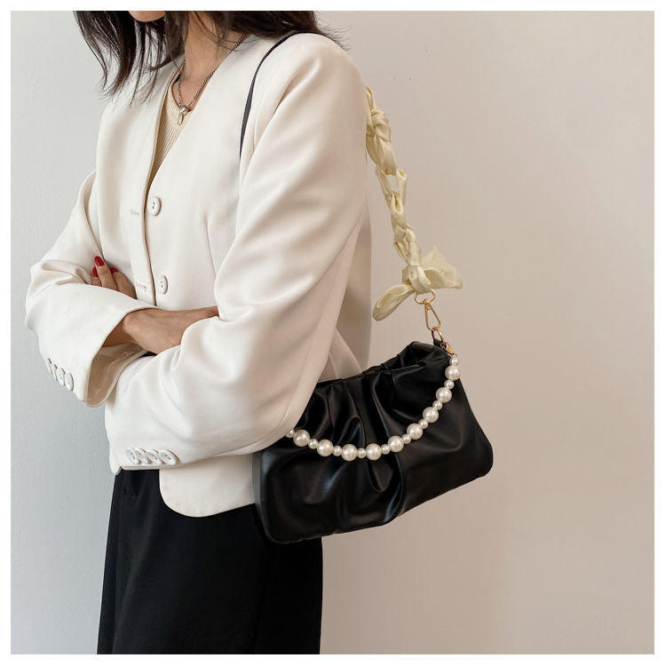 Women's Cloud Underarm Pearl Pleated Design Trendy Shoulder Bags