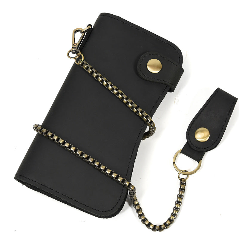Men's Crazy Horse Leather Long Iron Chain Clutch Multi Men's Wallet