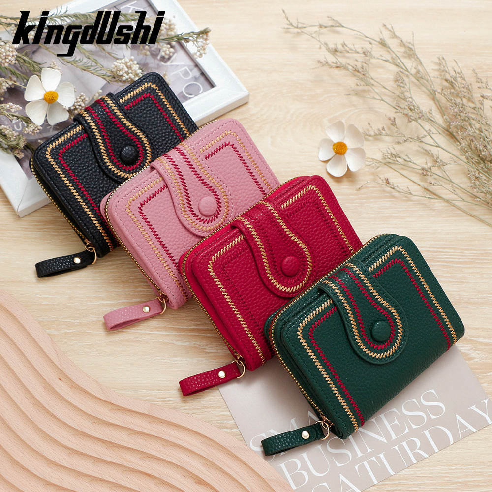 Women's Korean Style Short Zipper Hasp Litchi Pattern Embroidered Solid Color Ladies Wallet