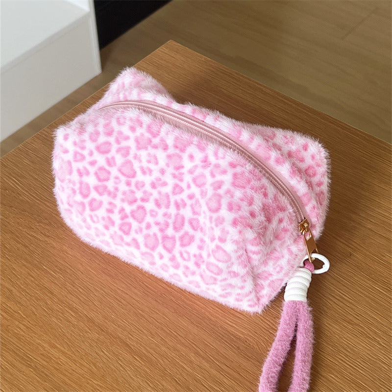 Sweet Cool Leopard Pattern Pink Hand Carrying Large Capacity Portable Makeup Bag