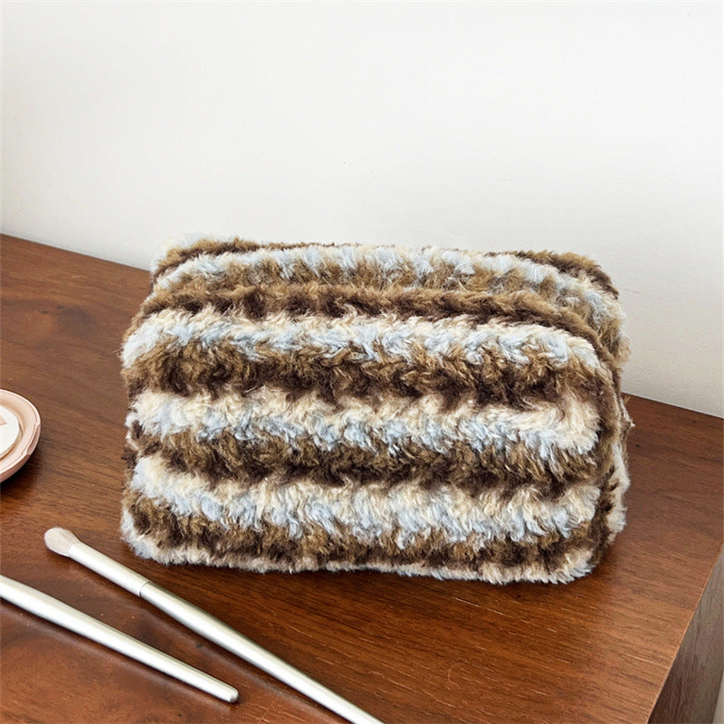 Striped Plush Large Capacity Pencil Wash Portable Storage Bags