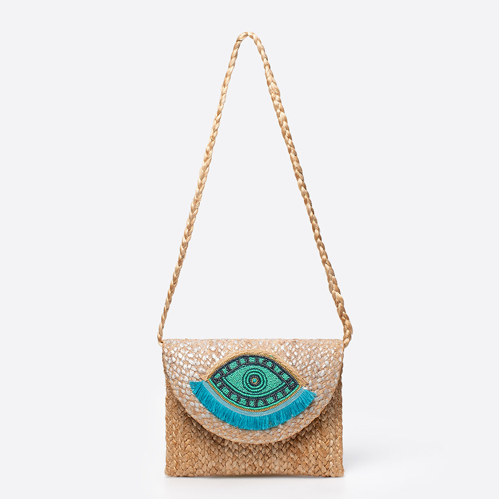 Women's Bead Patch Jute Bohemian Clutch Hand-woven Vacation Bags