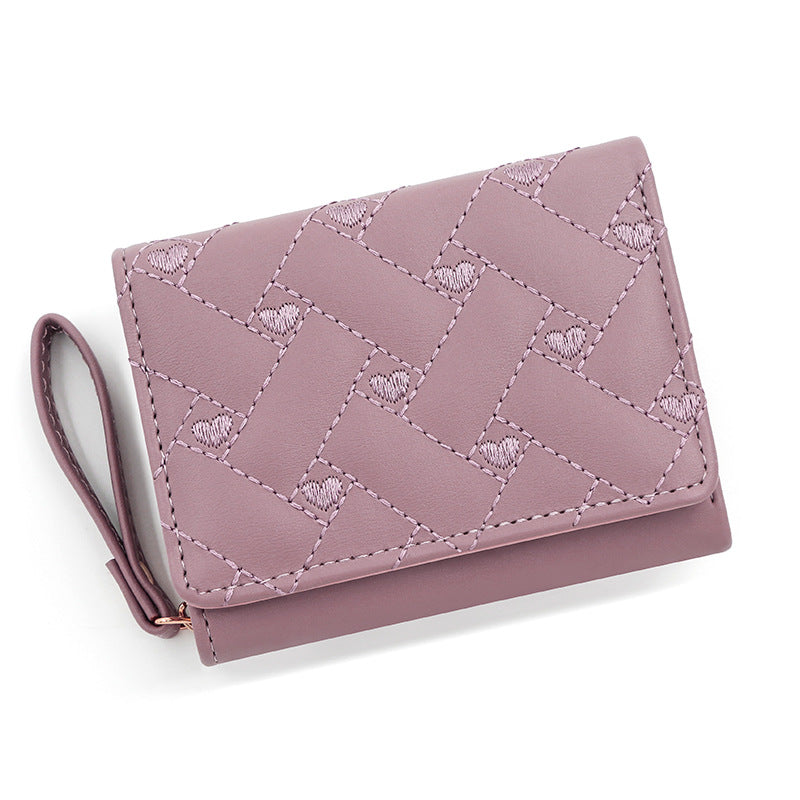 Women's Korean Style Sweet Heart-shaped Embroidered Short Zipper Clutch Solid Color Ladies Wallet