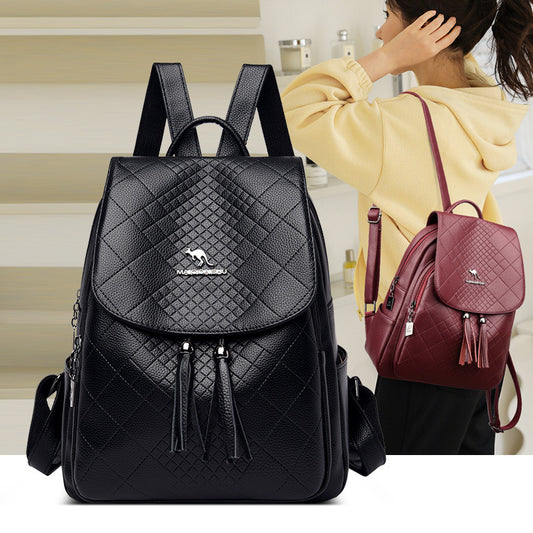 Women's Female Soft Leather Tassel Pendant Rhombus Backpacks