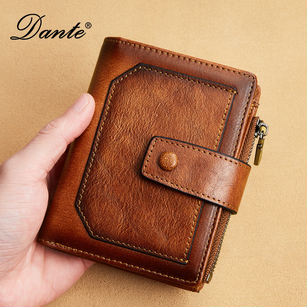 Men's Leather Zipper Short Retro Cowhide Processing Men's Wallets