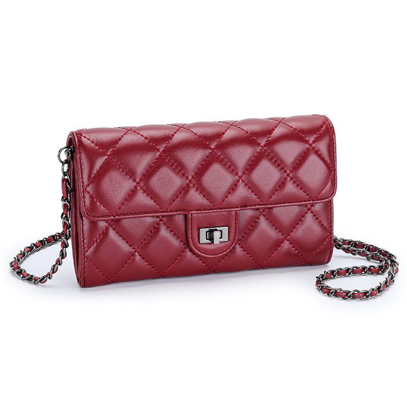 Women's Long Sheepskin Embroidered Classic Style Diamond Plaid Stylish Versatile Handbags