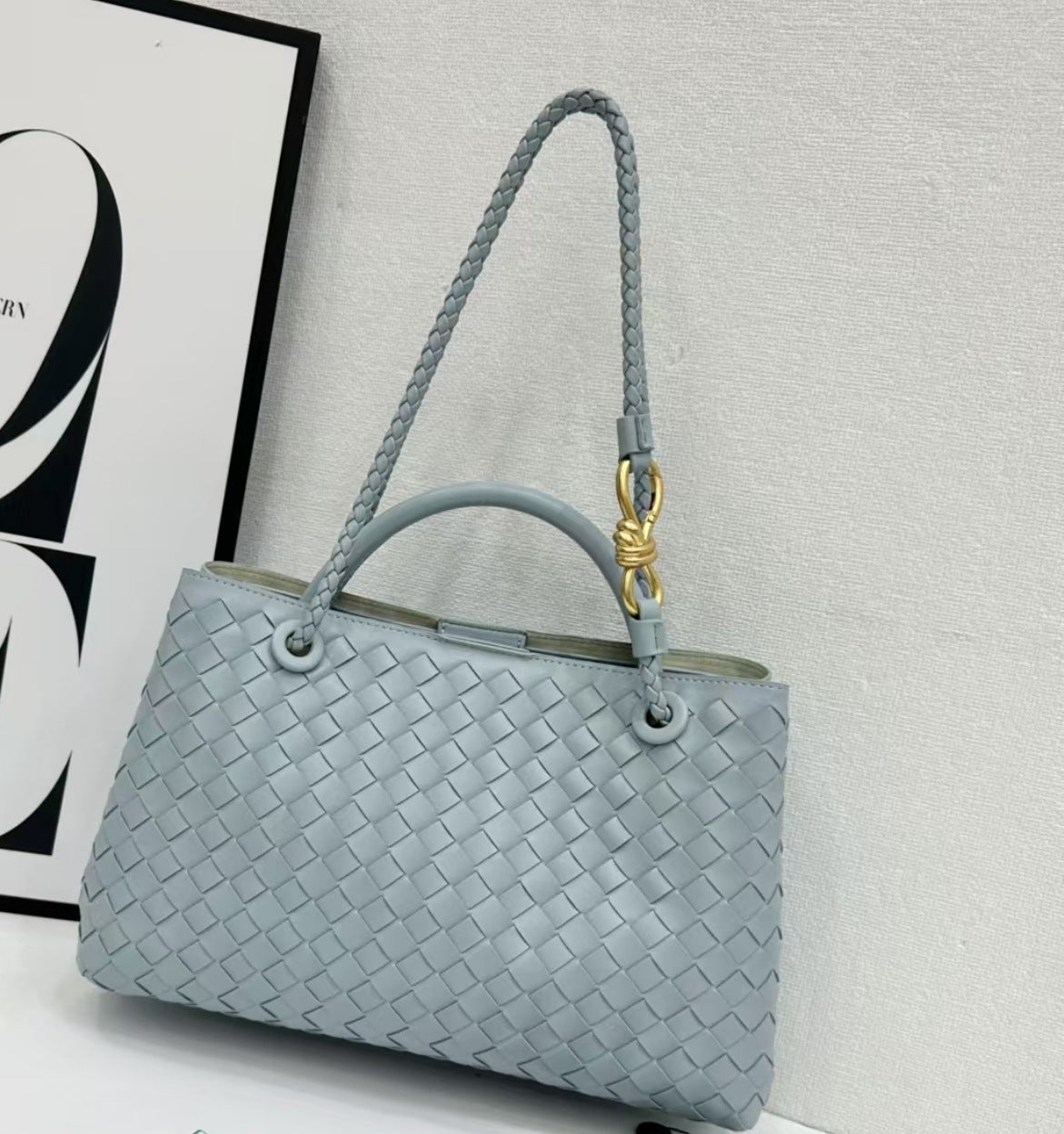 Women's Genuine Leather Metal Cord Fastener Woven Handbags