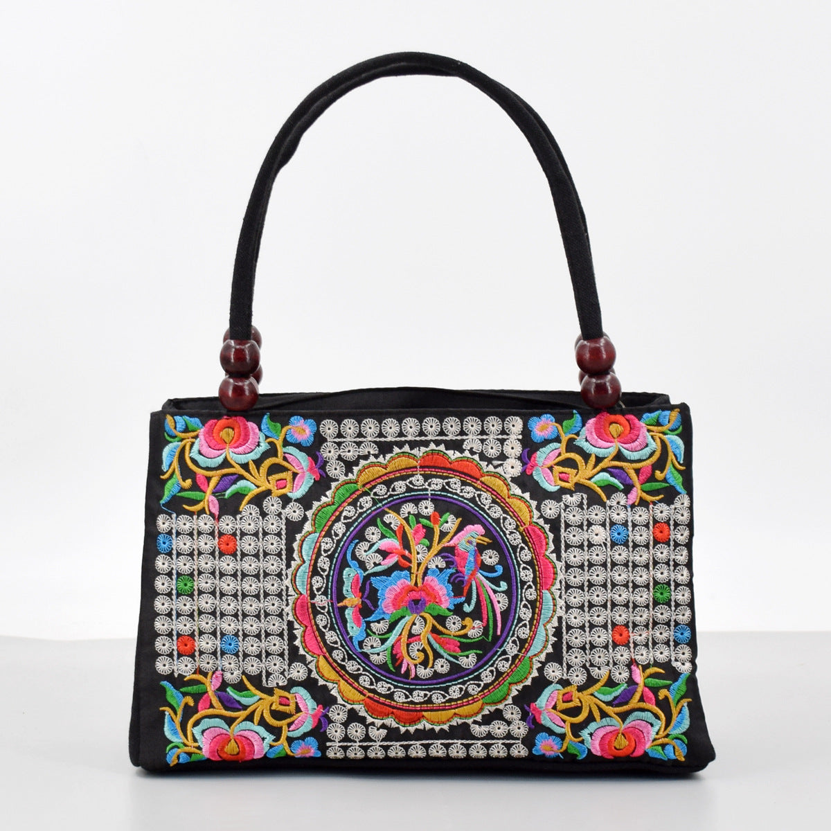 Style Double Sided Embroidery Wooden Bead Layer Zipper Portable Handbags