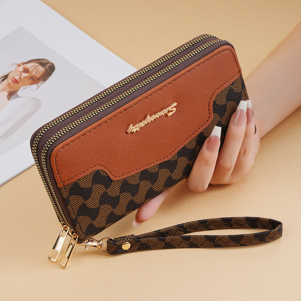 Women's Print Stitching Long Large Capacity Clutch High-grade Double Bags
