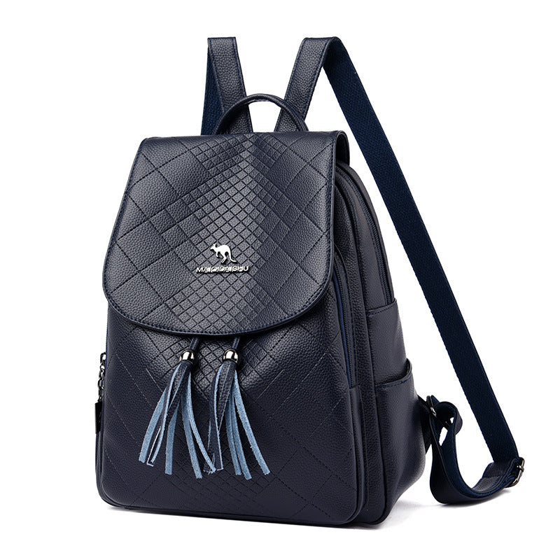 Women's Female Soft Leather Tassel Pendant Rhombus Backpacks