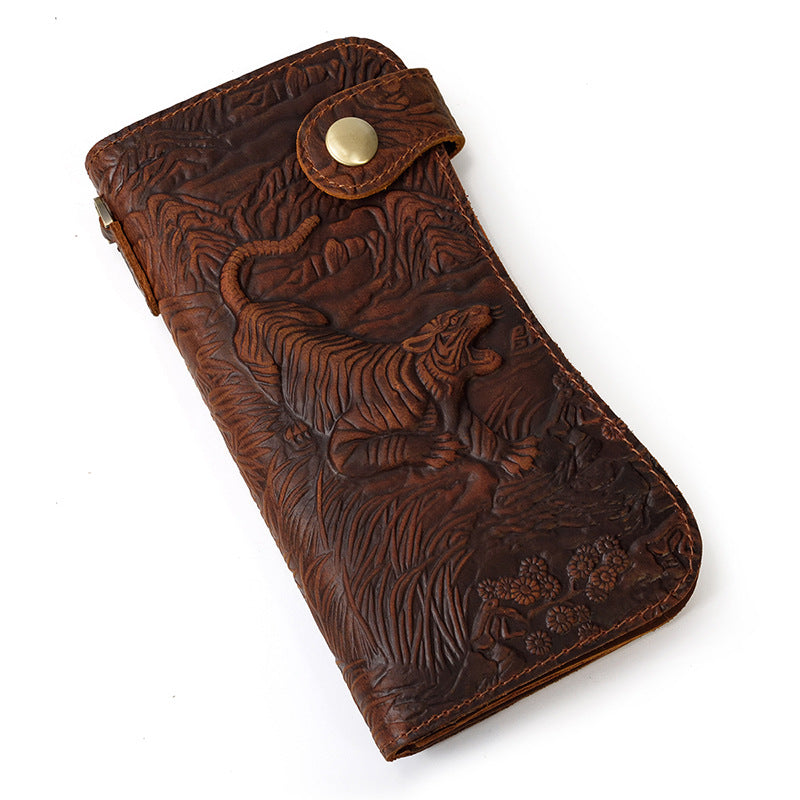 Men's Long Genuine Leather Crazy Horse Dragon Pattern Iron Chain Men's Wallet