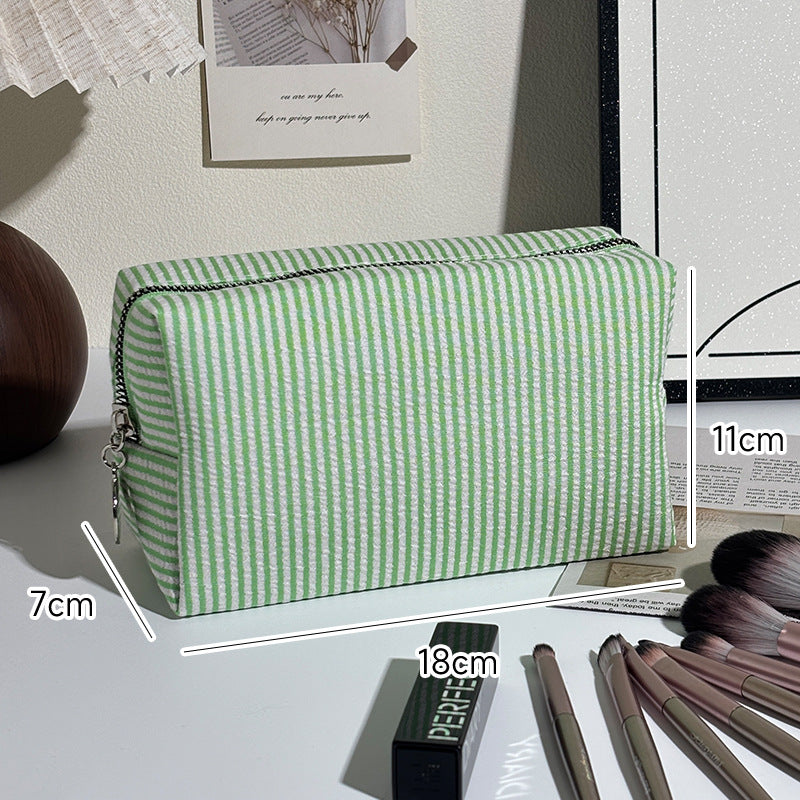 Striped Make-up Large Capacity Seersucker Embroidered Portable Out Makeup Bag