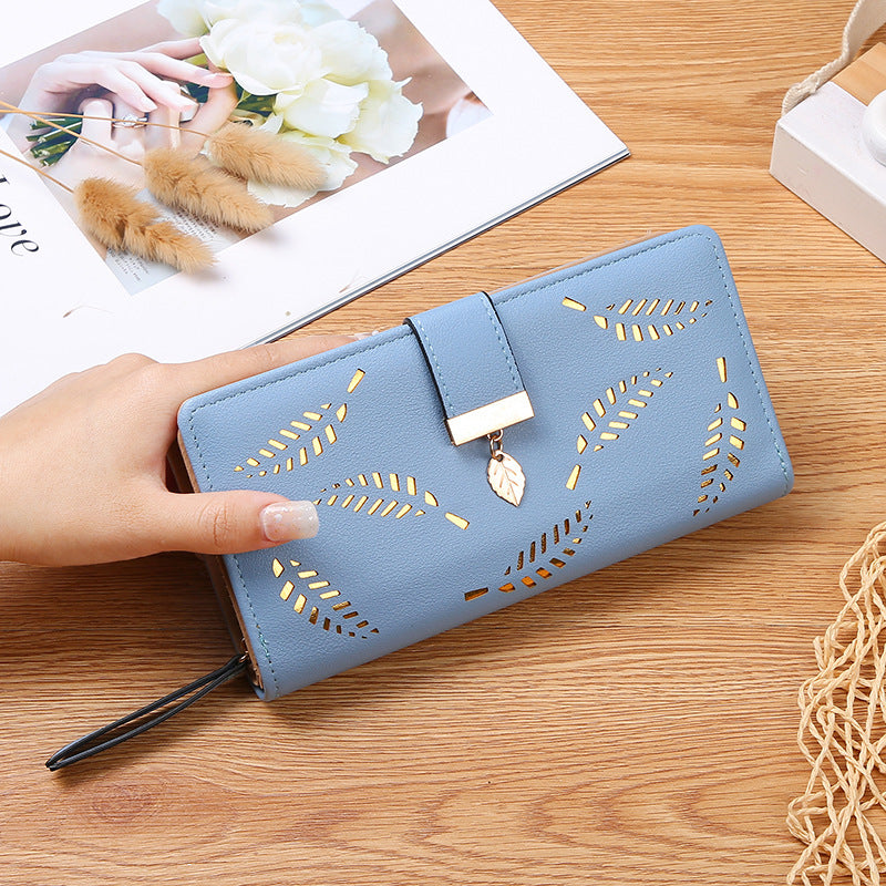 Women's Hollow Leaf Billfold Leather Korean Style Two Fold Long Ladies Wallets