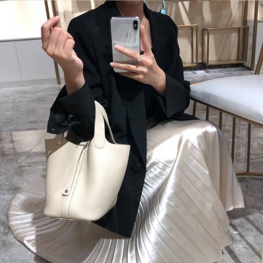 Women's Color Matching Vegetable Basket Cowhide Litchi Grain First Handbags