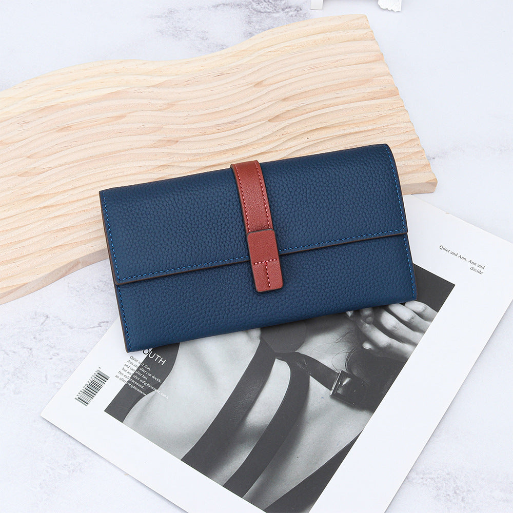 First Layer Cowhide Long Fashion Color Contrast Clutch Large Capacity Phone Bags