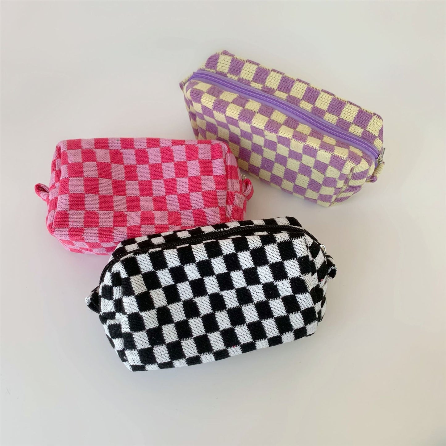 Chessboard Grid Large Capacity Knitted Storage Plaid Cosmetic Bags