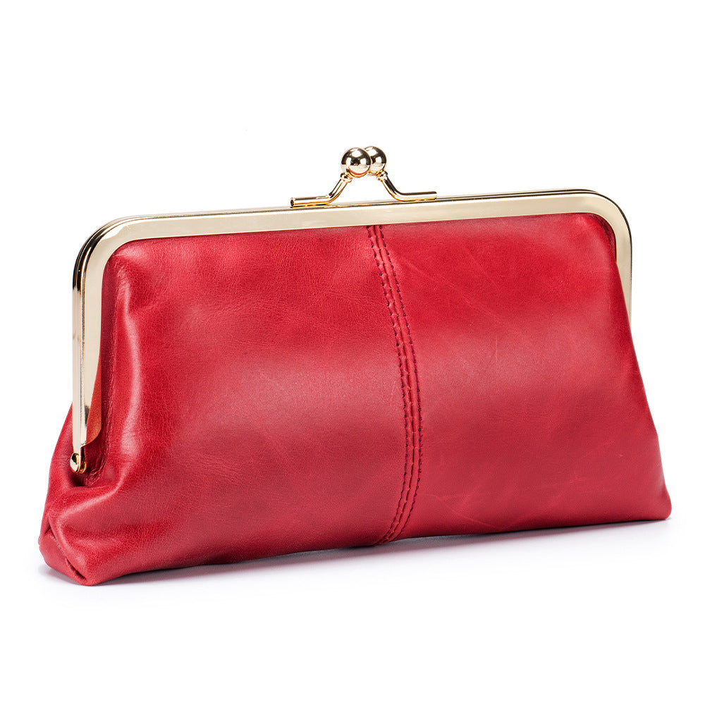 Genuine Leather Retro Clip Long Clutch Simple Frame Storage Handbags