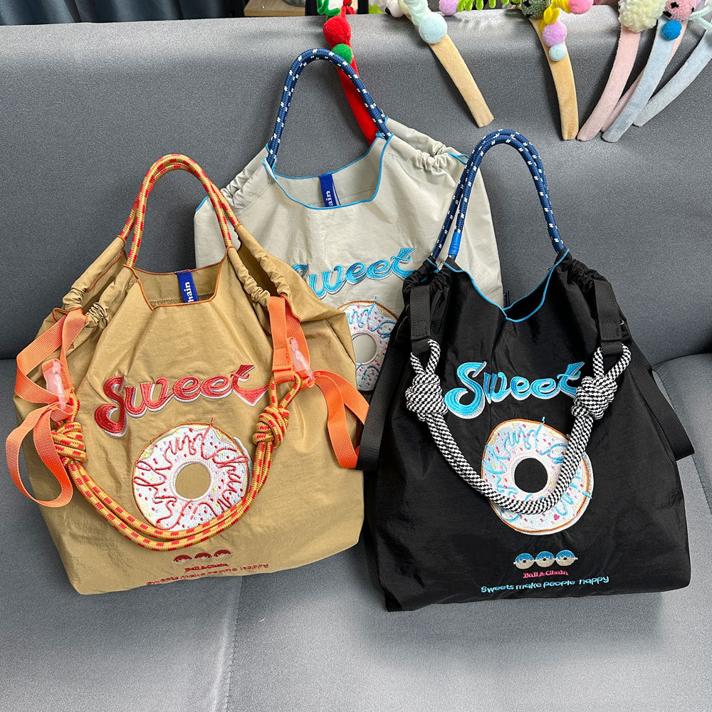Donut Embroidery Shopping Large Capacity Nylon Handbags