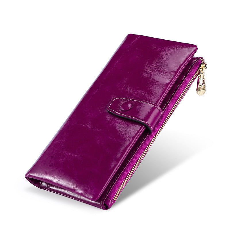 Quality Oil Wax Leather Long Multiple Slots Genuine Hand-held Multifunctional Purses