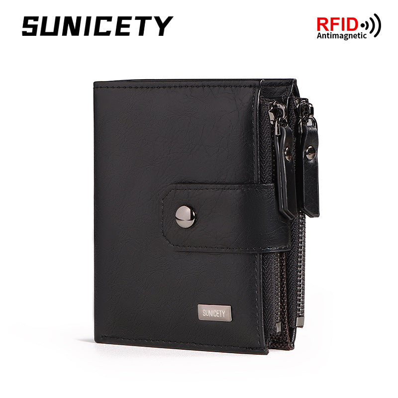 Men's Zipper Swiping Business Leather Thin Short Men's Wallets