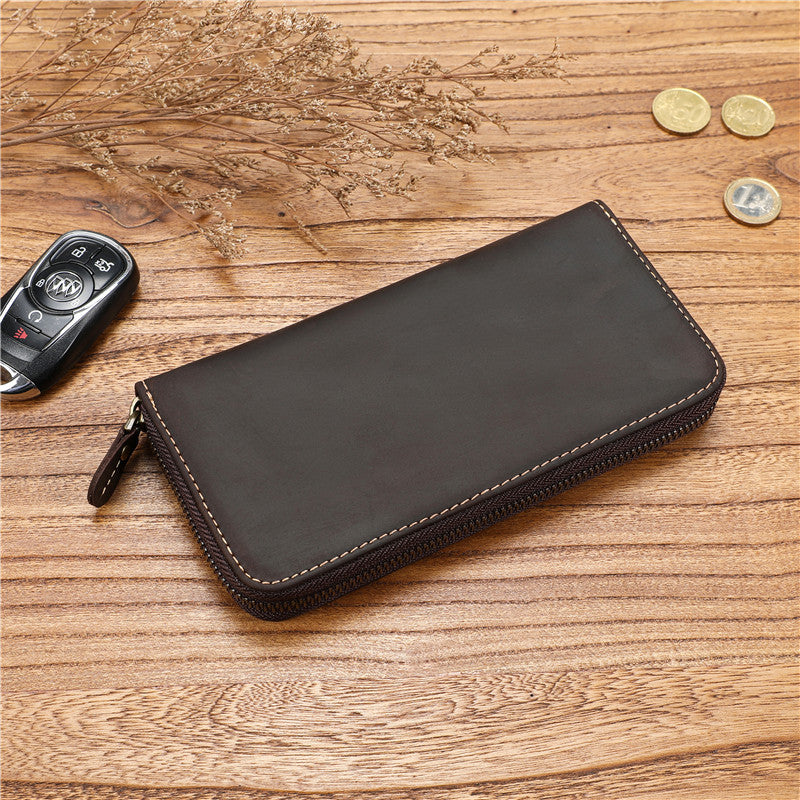 Men's Cowhide Large Capacity Real Long Zipper Handbags
