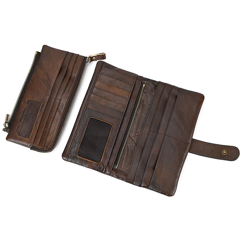 Vintage Leather Brushed Long Cowhide Stitching Multiple Men's Wallets