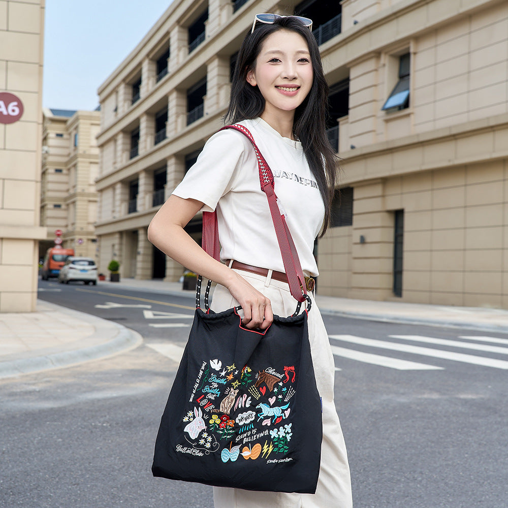 Women's Summer Needle Embroidery Nylon Large Capacity Shoulder Bags