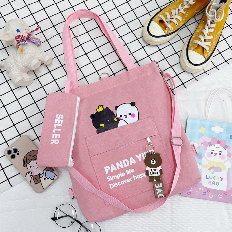 Supply Canvas Cartoon Bear Two-piece Large Crossbody Bags