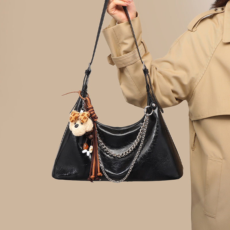 Style Brown Soft Leather Chain Doll Ornaments Retro Korean Women's Messenger Bag