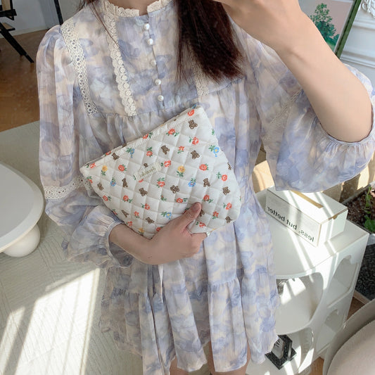 Women's Flower Bear Quilted Liner Clutch Portable Large Cosmetic Bags