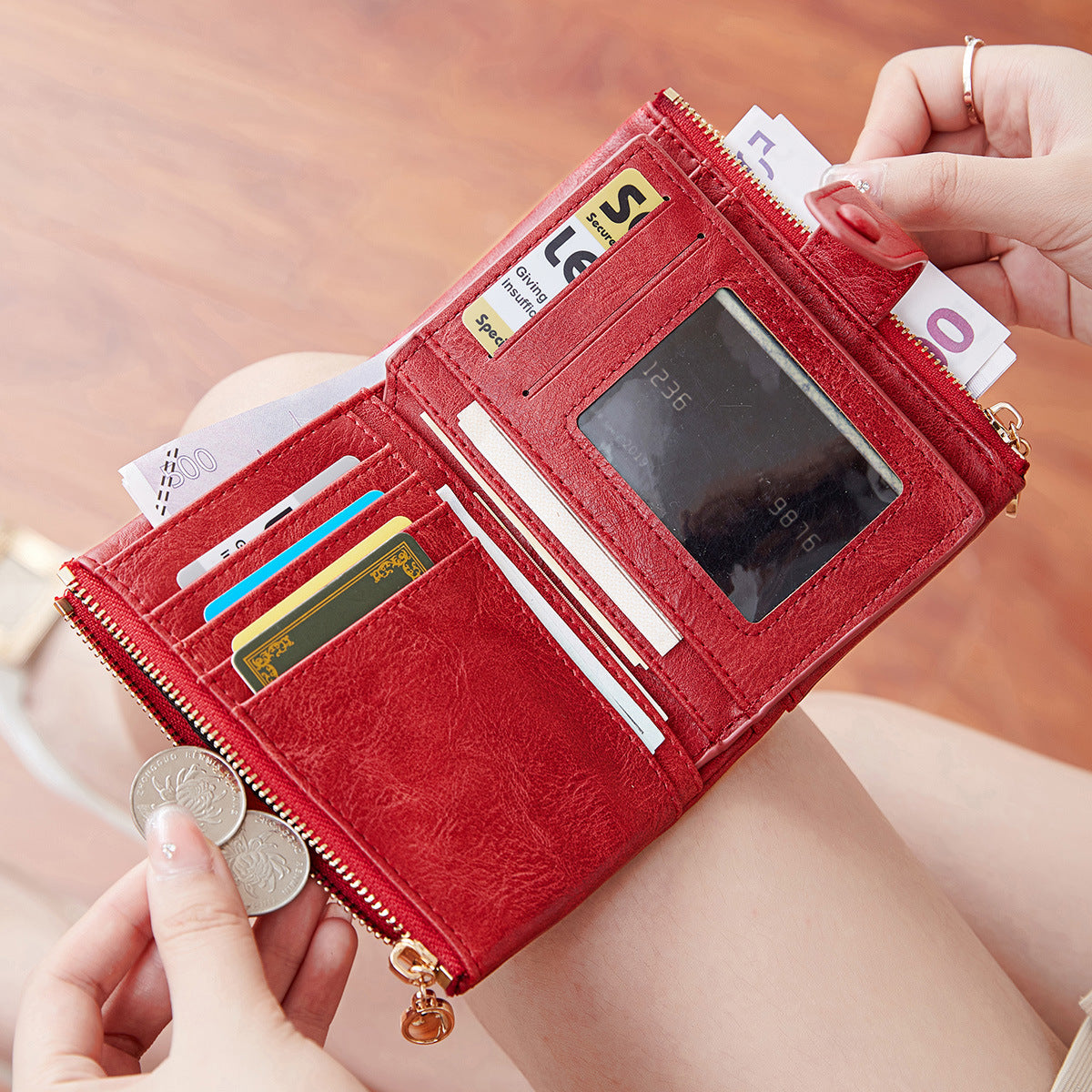 Women's Simple Trifold Double Zipper Short Ladies Wallet
