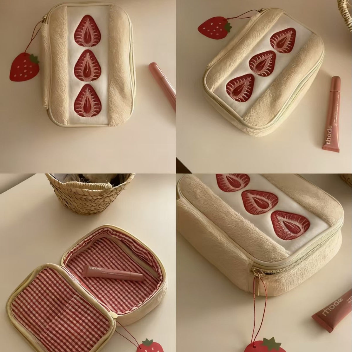 Women's Cute Strawberry Plush Large Capacity Portable Cosmetic Bags