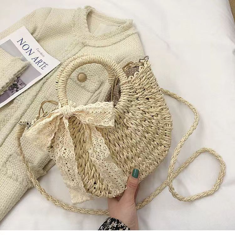 Women's Korean Lace Bow Woven Rattan Straw Handbags