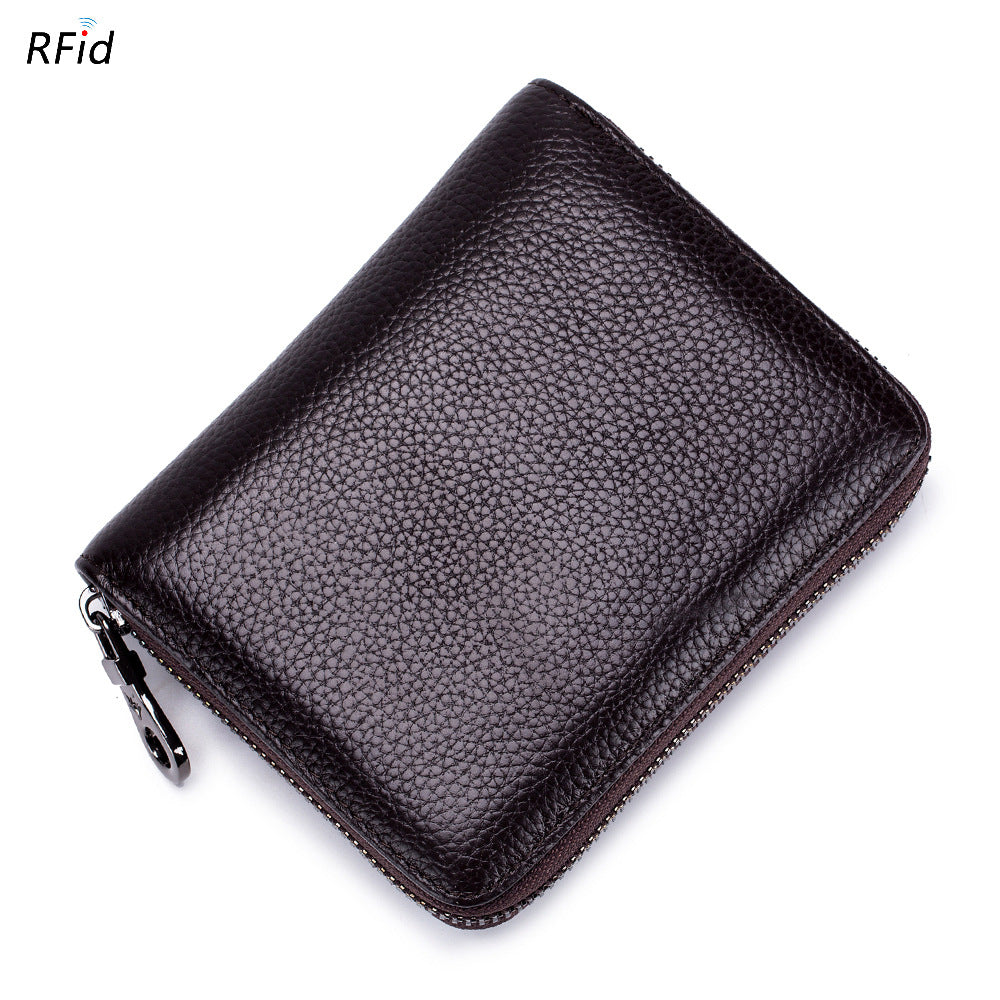 Women's & Men's Organ Zipper Cowhide Swiping Magnetic Leather Card Holder