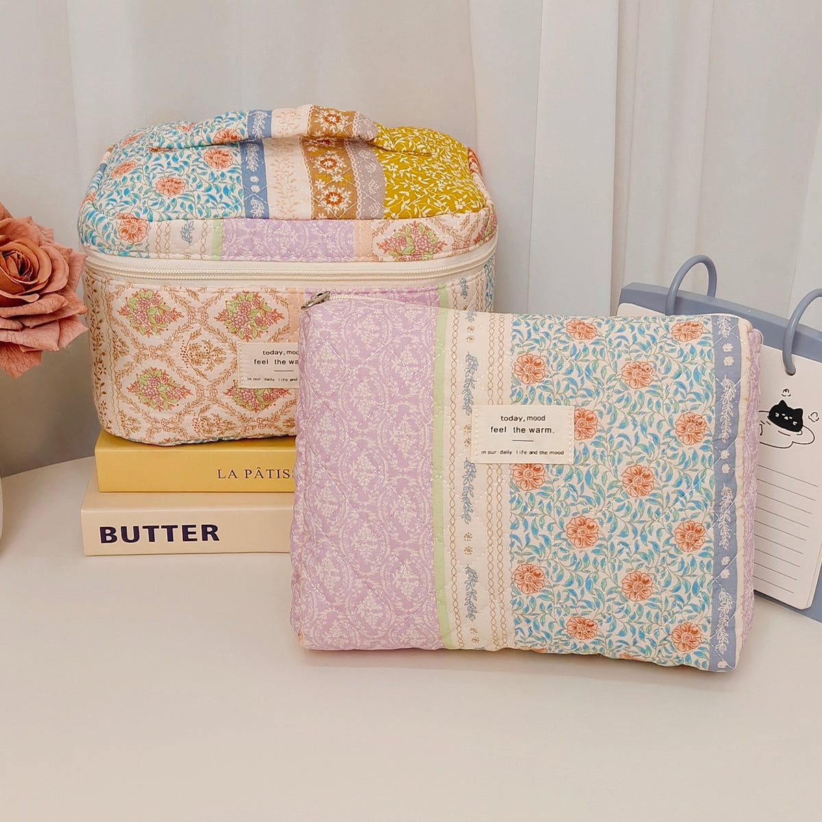 Floral Polyester Cotton Vertical Large Capacity Partition Makeup Bag