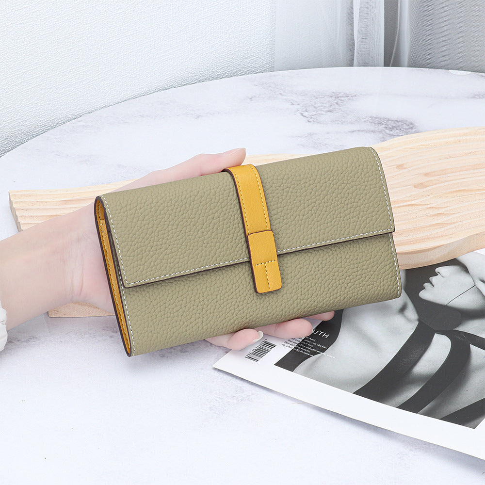 First Layer Cowhide Long Fashion Color Contrast Clutch Large Capacity Phone Bags