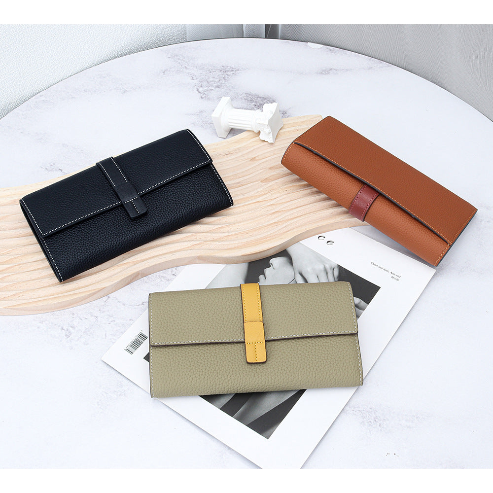 First Layer Cowhide Long Fashion Color Contrast Clutch Large Capacity Phone Bags