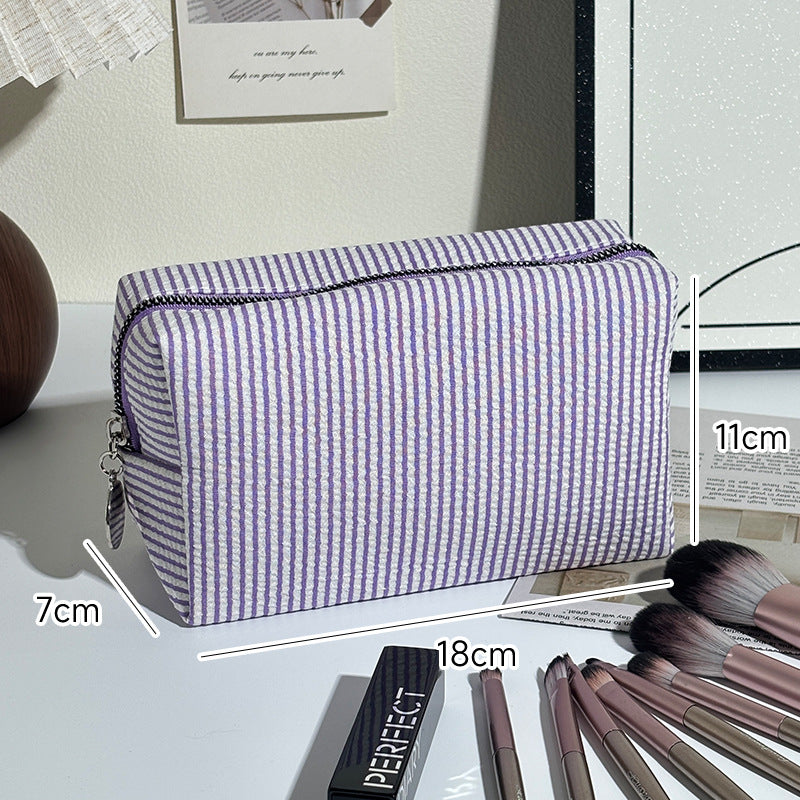 Striped Make-up Large Capacity Seersucker Embroidered Portable Out Makeup Bag