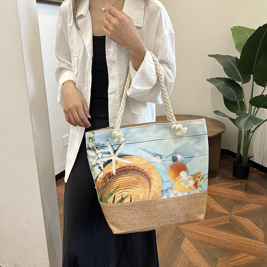Women's Large Capacity Linen Printed Double-sided Cotton Shoulder Bags