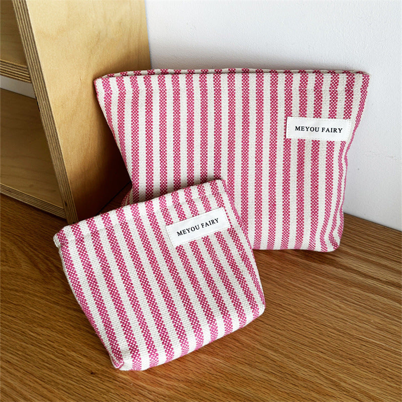 Women's Contrast Color Vertical Stripes Pink Large Capacity Wash Makeup Bag
