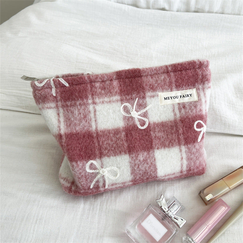 Embroidered Bow Plaid Valentine's Day Gift Wash Makeup Bag